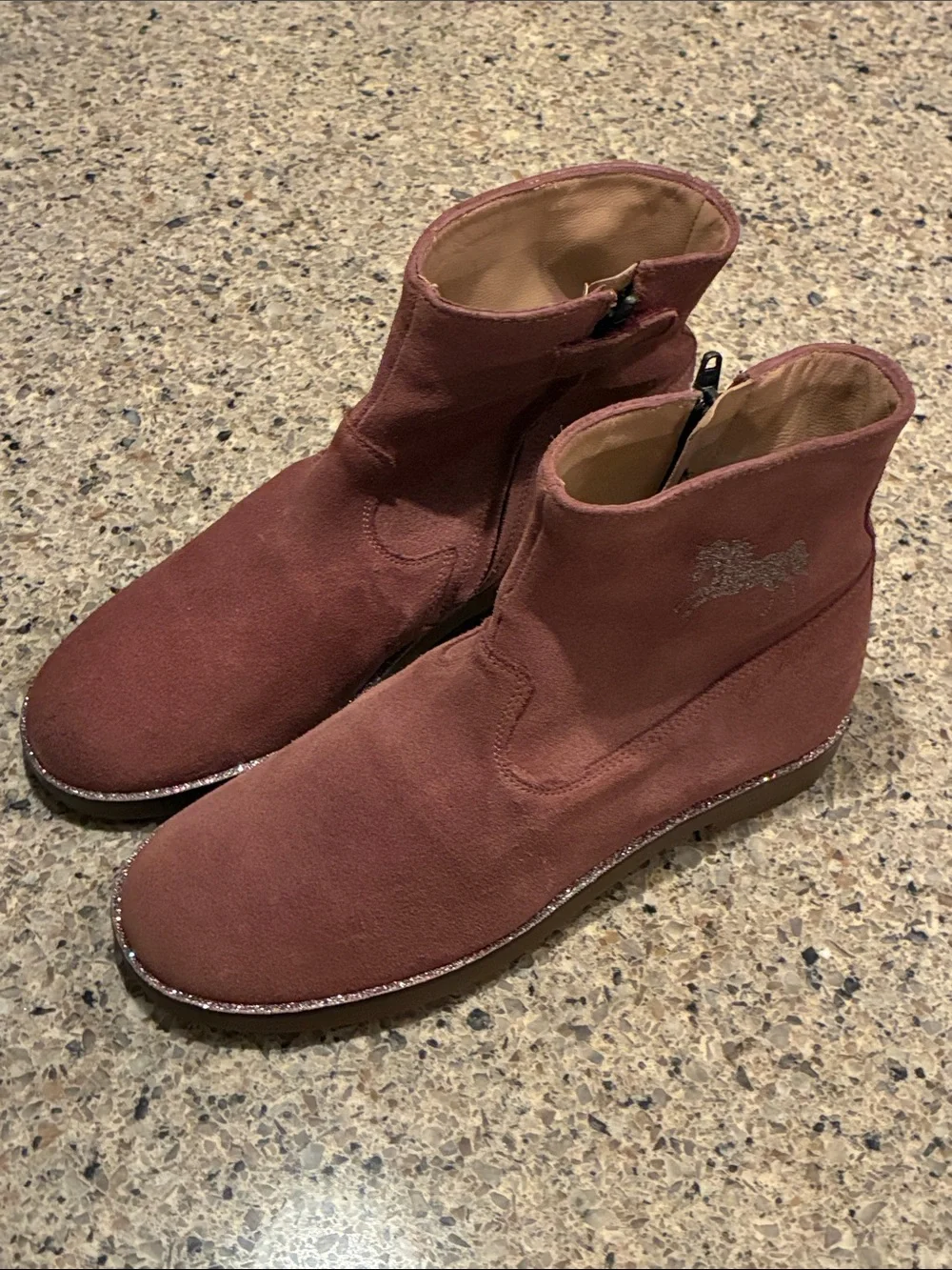 Pom D'Api Suede Ankle Boots in Dusty Rose with Glitter Horse Accent